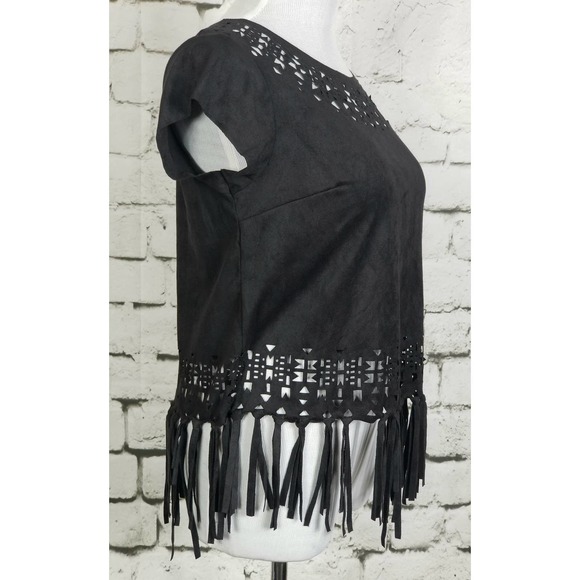 Hippie Boho Faux-Suede Fringe Festival Top Black Medium - Picture 6 of 9